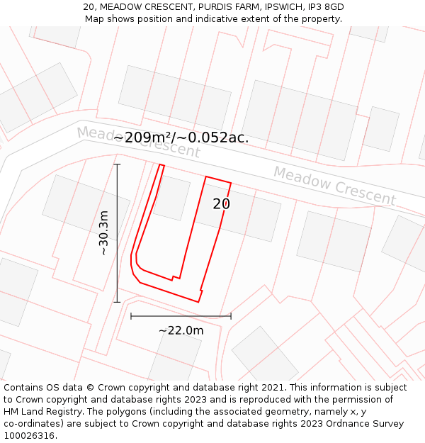 20, MEADOW CRESCENT, PURDIS FARM, IPSWICH, IP3 8GD: Plot and title map