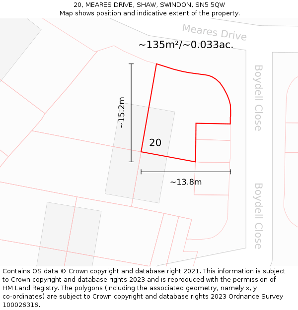 20, MEARES DRIVE, SHAW, SWINDON, SN5 5QW: Plot and title map