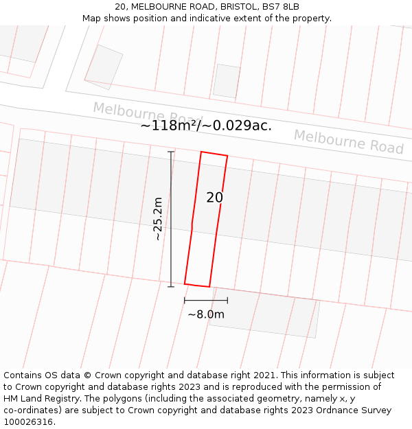 20, MELBOURNE ROAD, BRISTOL, BS7 8LB: Plot and title map