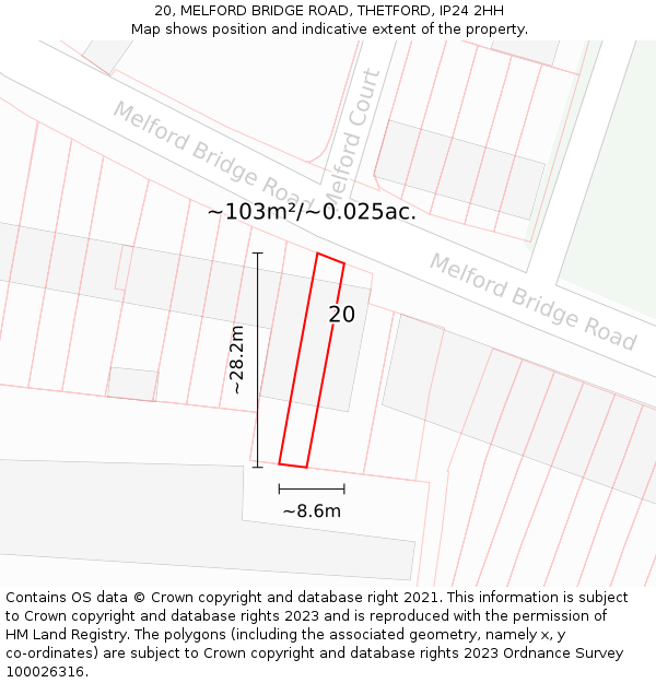 20, MELFORD BRIDGE ROAD, THETFORD, IP24 2HH: Plot and title map