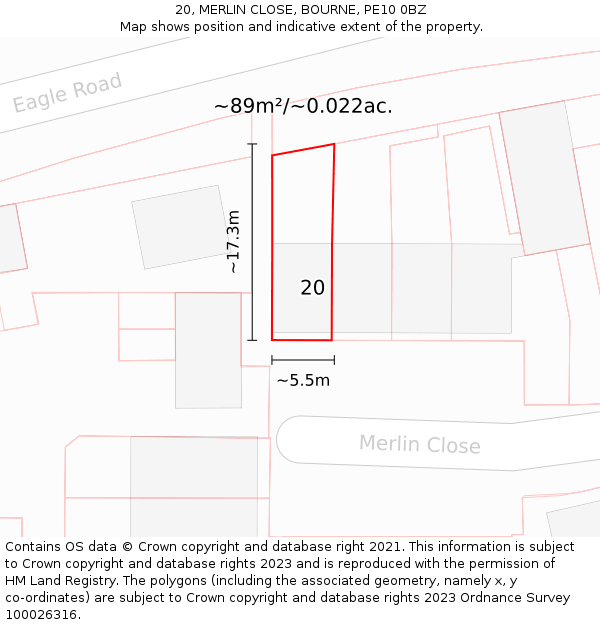 20, MERLIN CLOSE, BOURNE, PE10 0BZ: Plot and title map