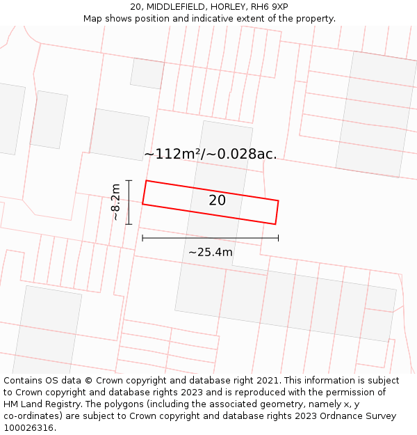 20, MIDDLEFIELD, HORLEY, RH6 9XP: Plot and title map