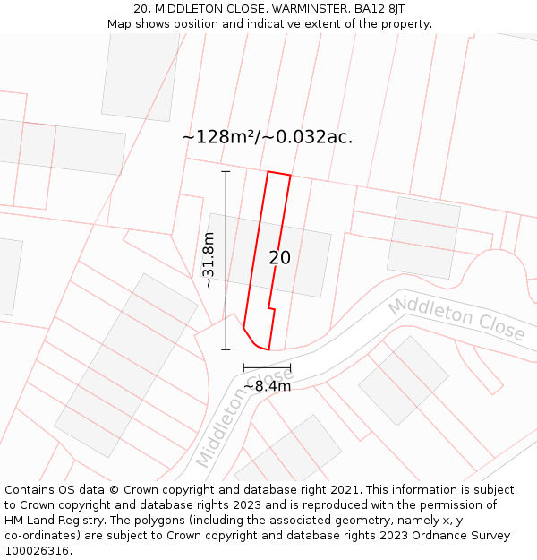 20, MIDDLETON CLOSE, WARMINSTER, BA12 8JT: Plot and title map