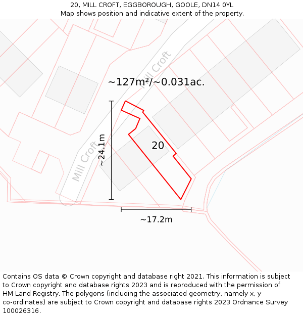 20, MILL CROFT, EGGBOROUGH, GOOLE, DN14 0YL: Plot and title map