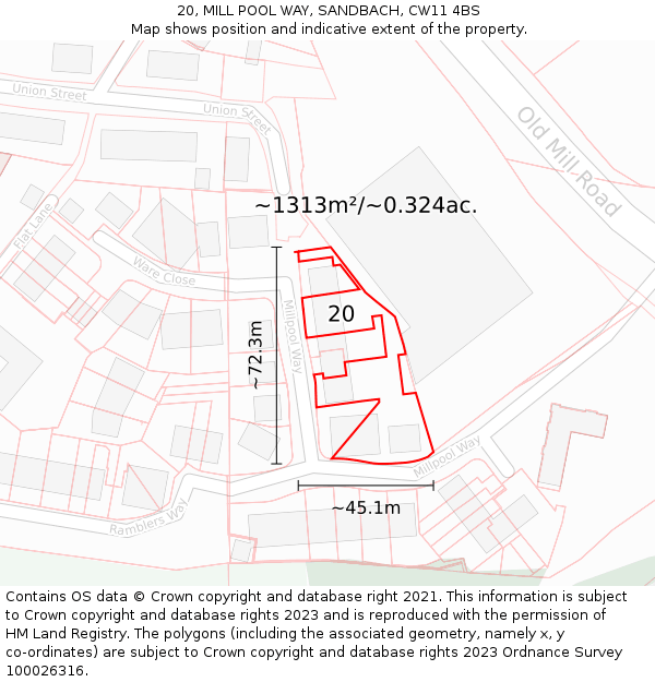 20, MILL POOL WAY, SANDBACH, CW11 4BS: Plot and title map