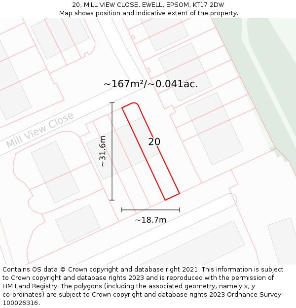 20, MILL VIEW CLOSE, EWELL, EPSOM, KT17 2DW: Plot and title map