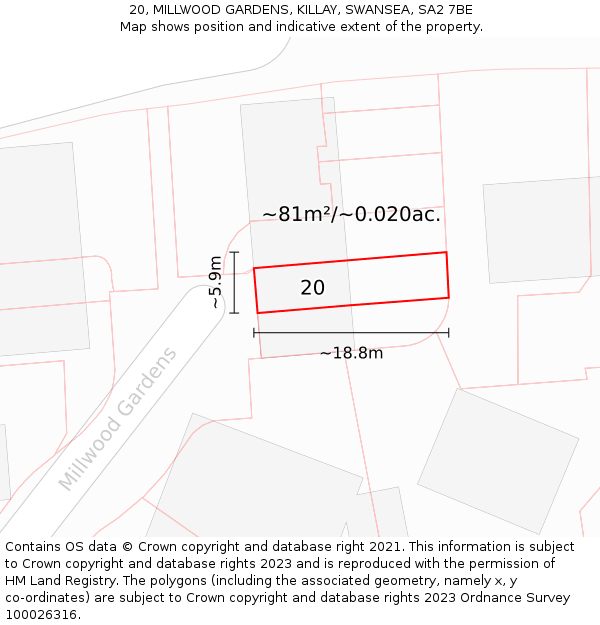 20, MILLWOOD GARDENS, KILLAY, SWANSEA, SA2 7BE: Plot and title map