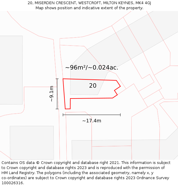 20, MISERDEN CRESCENT, WESTCROFT, MILTON KEYNES, MK4 4GJ: Plot and title map