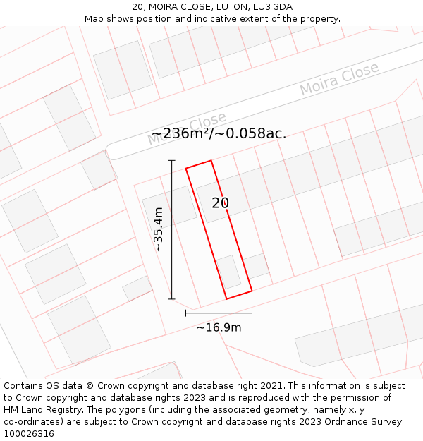 20, MOIRA CLOSE, LUTON, LU3 3DA: Plot and title map