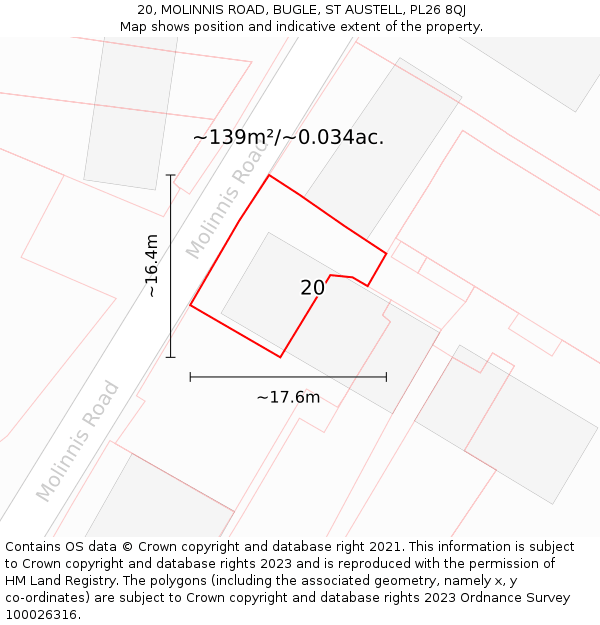 20, MOLINNIS ROAD, BUGLE, ST AUSTELL, PL26 8QJ: Plot and title map