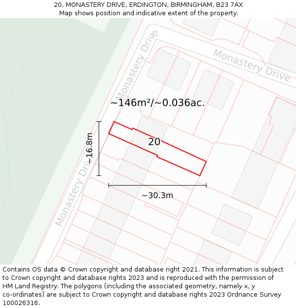 20, MONASTERY DRIVE, ERDINGTON, BIRMINGHAM, B23 7AX: Plot and title map