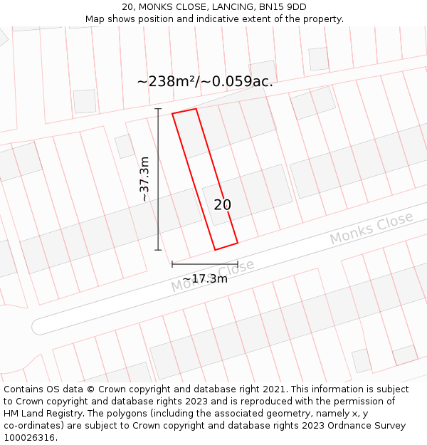 20, MONKS CLOSE, LANCING, BN15 9DD: Plot and title map