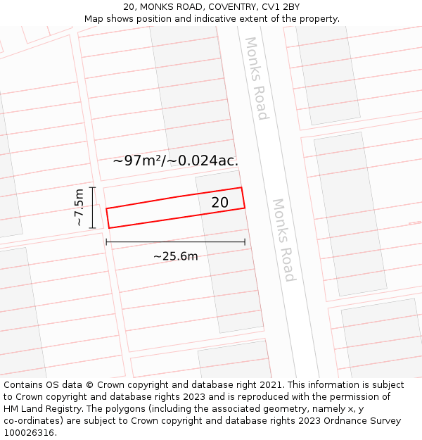 20, MONKS ROAD, COVENTRY, CV1 2BY: Plot and title map