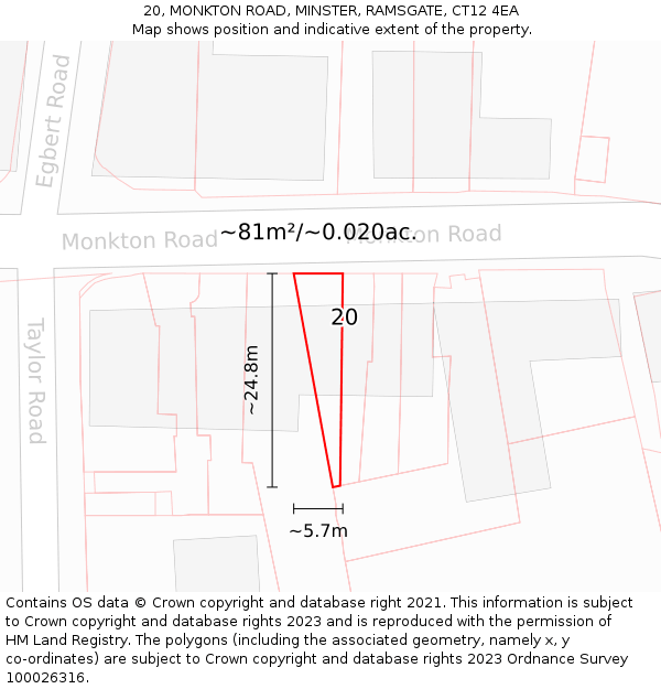 20, MONKTON ROAD, MINSTER, RAMSGATE, CT12 4EA: Plot and title map