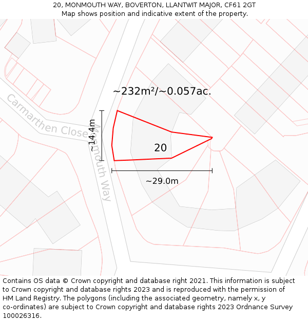 20, MONMOUTH WAY, BOVERTON, LLANTWIT MAJOR, CF61 2GT: Plot and title map