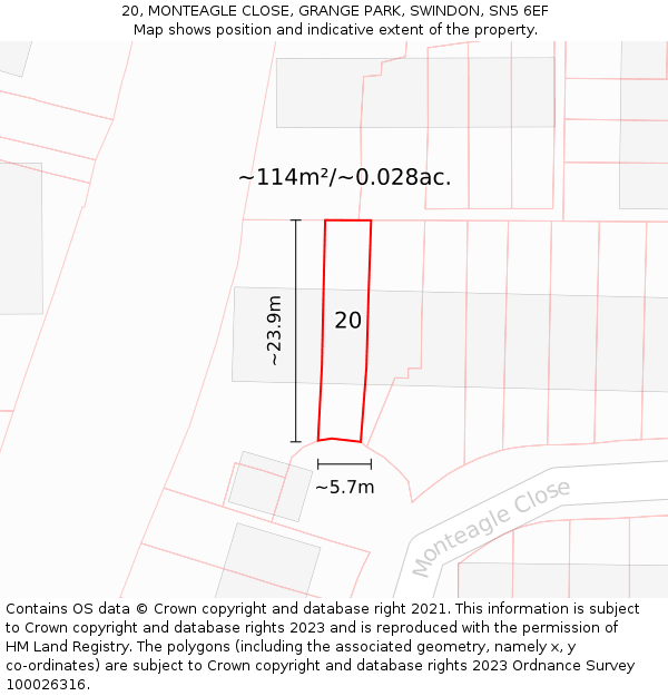 20, MONTEAGLE CLOSE, GRANGE PARK, SWINDON, SN5 6EF: Plot and title map