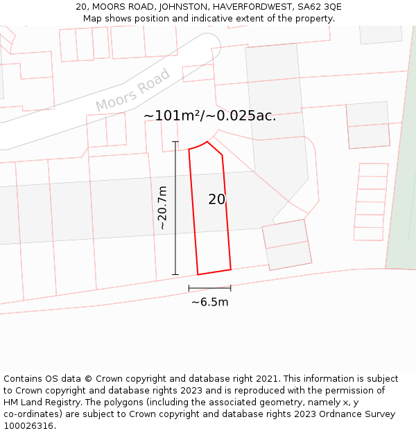 20, MOORS ROAD, JOHNSTON, HAVERFORDWEST, SA62 3QE: Plot and title map