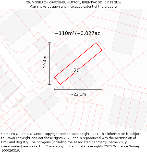 20, MOSBACH GARDENS, HUTTON, BRENTWOOD, CM13 2UW: Plot and title map