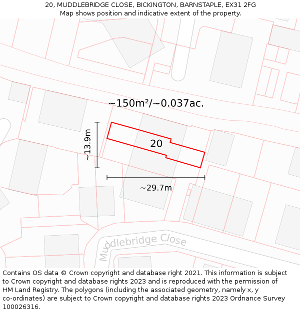 20, MUDDLEBRIDGE CLOSE, BICKINGTON, BARNSTAPLE, EX31 2FG: Plot and title map