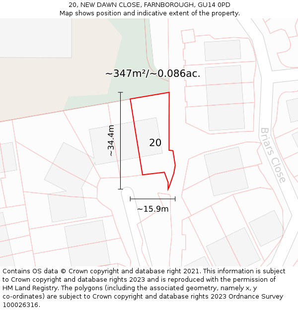 20, NEW DAWN CLOSE, FARNBOROUGH, GU14 0PD: Plot and title map