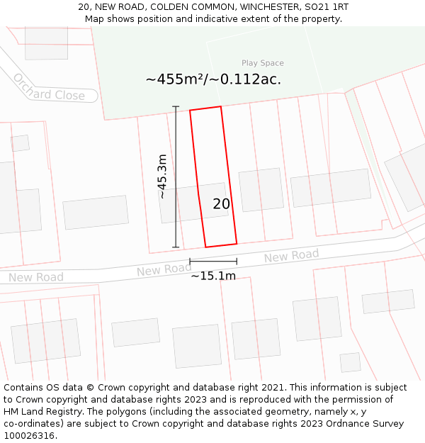 20, NEW ROAD, COLDEN COMMON, WINCHESTER, SO21 1RT: Plot and title map