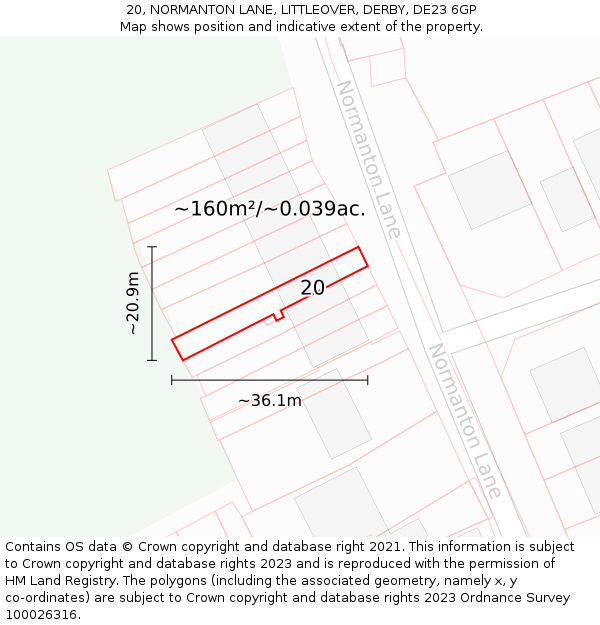 20, NORMANTON LANE, LITTLEOVER, DERBY, DE23 6GP: Plot and title map