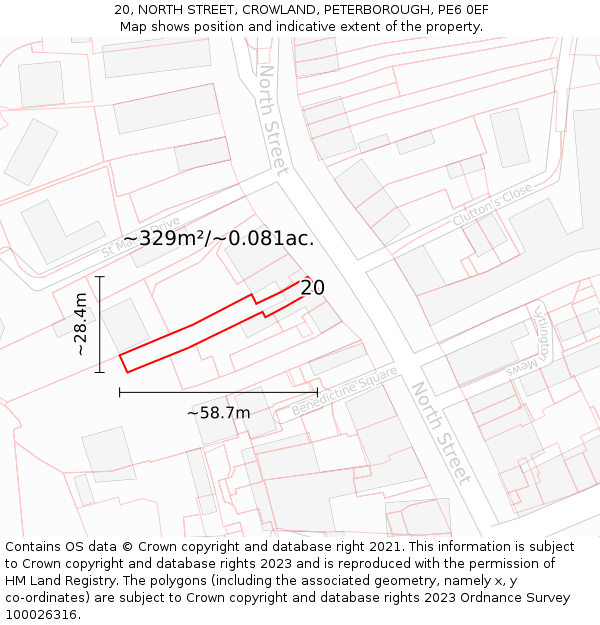 20, NORTH STREET, CROWLAND, PETERBOROUGH, PE6 0EF: Plot and title map