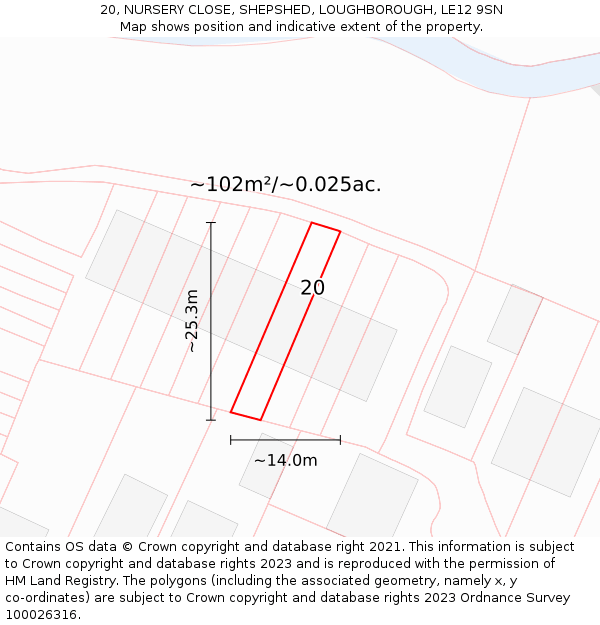 20, NURSERY CLOSE, SHEPSHED, LOUGHBOROUGH, LE12 9SN: Plot and title map