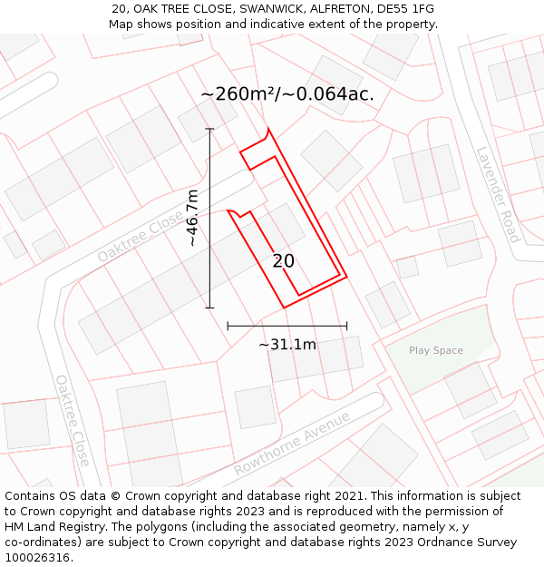 20, OAK TREE CLOSE, SWANWICK, ALFRETON, DE55 1FG: Plot and title map