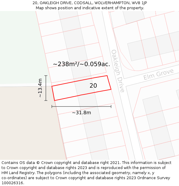 20, OAKLEIGH DRIVE, CODSALL, WOLVERHAMPTON, WV8 1JP: Plot and title map