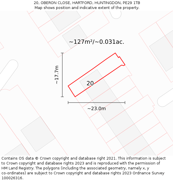 20, OBERON CLOSE, HARTFORD, HUNTINGDON, PE29 1TB: Plot and title map