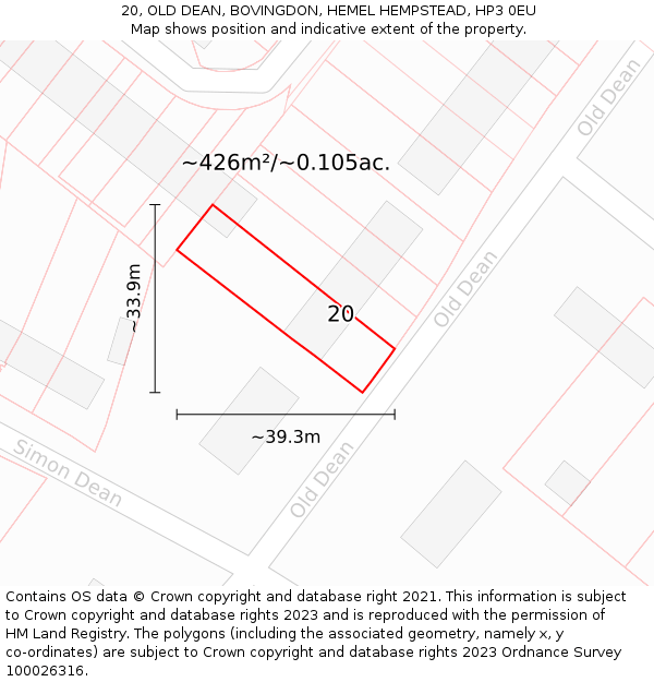 20, OLD DEAN, BOVINGDON, HEMEL HEMPSTEAD, HP3 0EU: Plot and title map