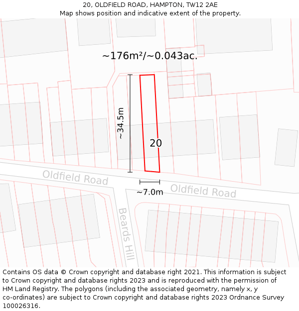 20, OLDFIELD ROAD, HAMPTON, TW12 2AE: Plot and title map