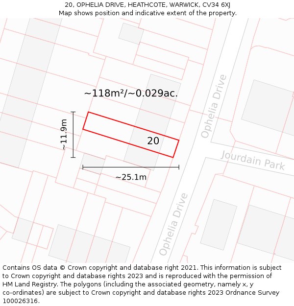 20, OPHELIA DRIVE, HEATHCOTE, WARWICK, CV34 6XJ: Plot and title map
