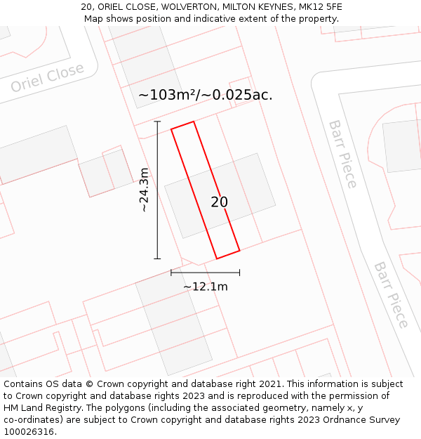 20, ORIEL CLOSE, WOLVERTON, MILTON KEYNES, MK12 5FE: Plot and title map