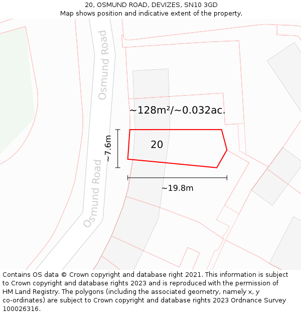 20, OSMUND ROAD, DEVIZES, SN10 3GD: Plot and title map