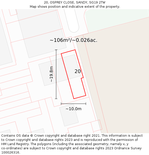 20, OSPREY CLOSE, SANDY, SG19 2TW: Plot and title map