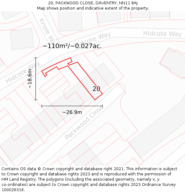 20, PACKWOOD CLOSE, DAVENTRY, NN11 8AJ: Plot and title map