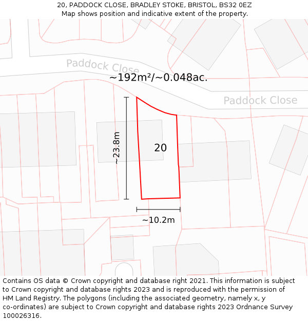 20, PADDOCK CLOSE, BRADLEY STOKE, BRISTOL, BS32 0EZ: Plot and title map