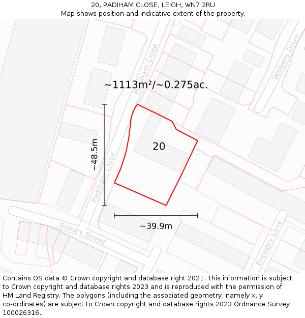 20, PADIHAM CLOSE, LEIGH, WN7 2RU: Plot and title map