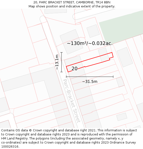 20, PARC BRACKET STREET, CAMBORNE, TR14 8BN: Plot and title map