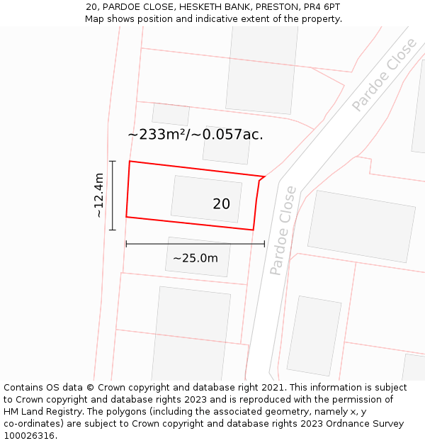 20, PARDOE CLOSE, HESKETH BANK, PRESTON, PR4 6PT: Plot and title map