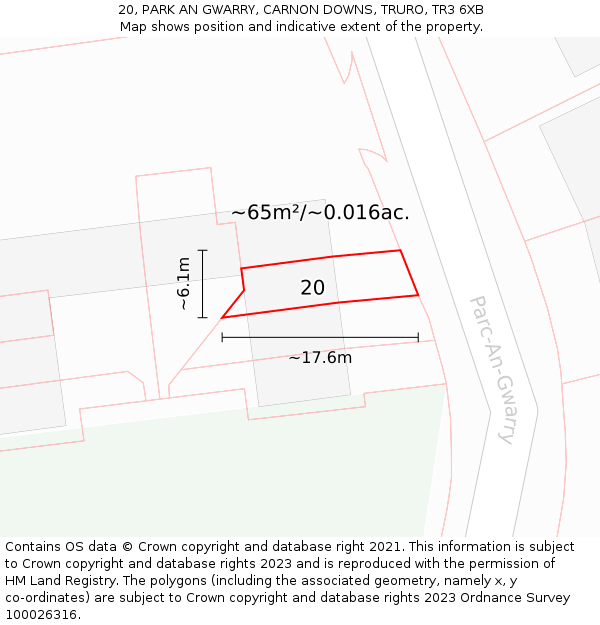 20, PARK AN GWARRY, CARNON DOWNS, TRURO, TR3 6XB: Plot and title map