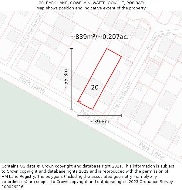20, PARK LANE, COWPLAIN, WATERLOOVILLE, PO8 8AD: Plot and title map
