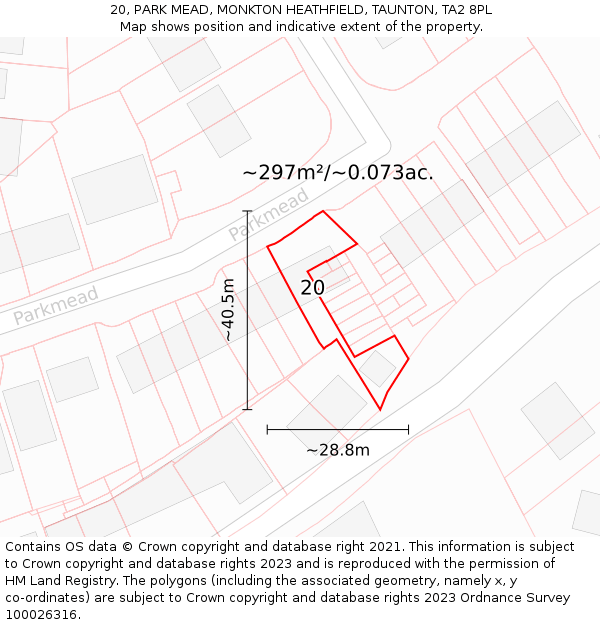 20, PARK MEAD, MONKTON HEATHFIELD, TAUNTON, TA2 8PL: Plot and title map