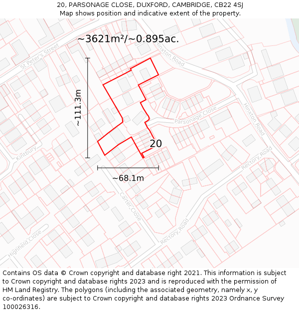 20, PARSONAGE CLOSE, DUXFORD, CAMBRIDGE, CB22 4SJ: Plot and title map