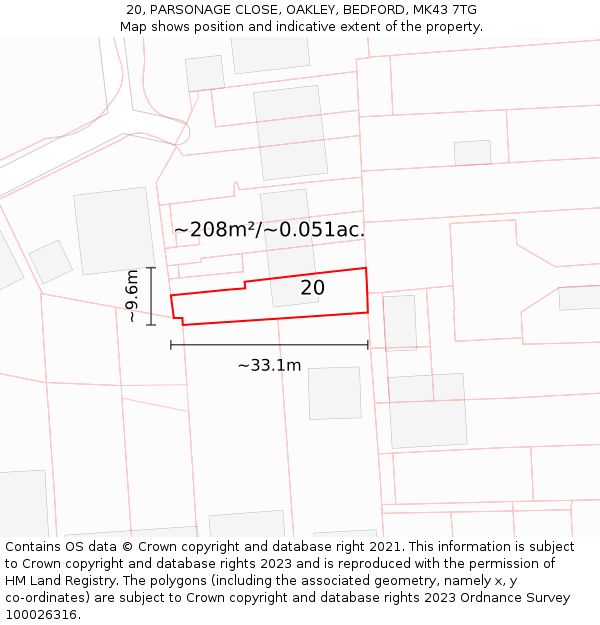 20, PARSONAGE CLOSE, OAKLEY, BEDFORD, MK43 7TG: Plot and title map
