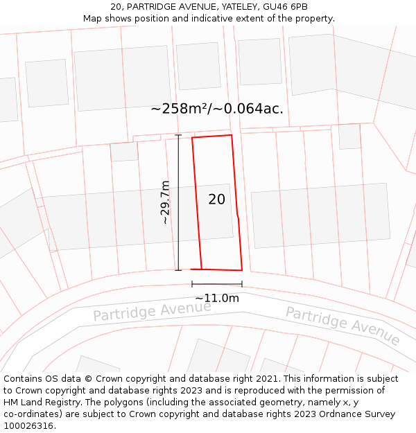 20, PARTRIDGE AVENUE, YATELEY, GU46 6PB: Plot and title map