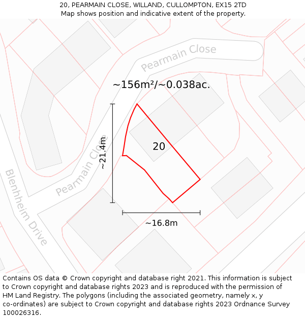 20, PEARMAIN CLOSE, WILLAND, CULLOMPTON, EX15 2TD: Plot and title map