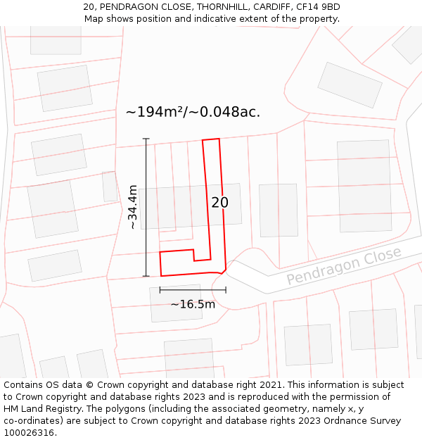20, PENDRAGON CLOSE, THORNHILL, CARDIFF, CF14 9BD: Plot and title map